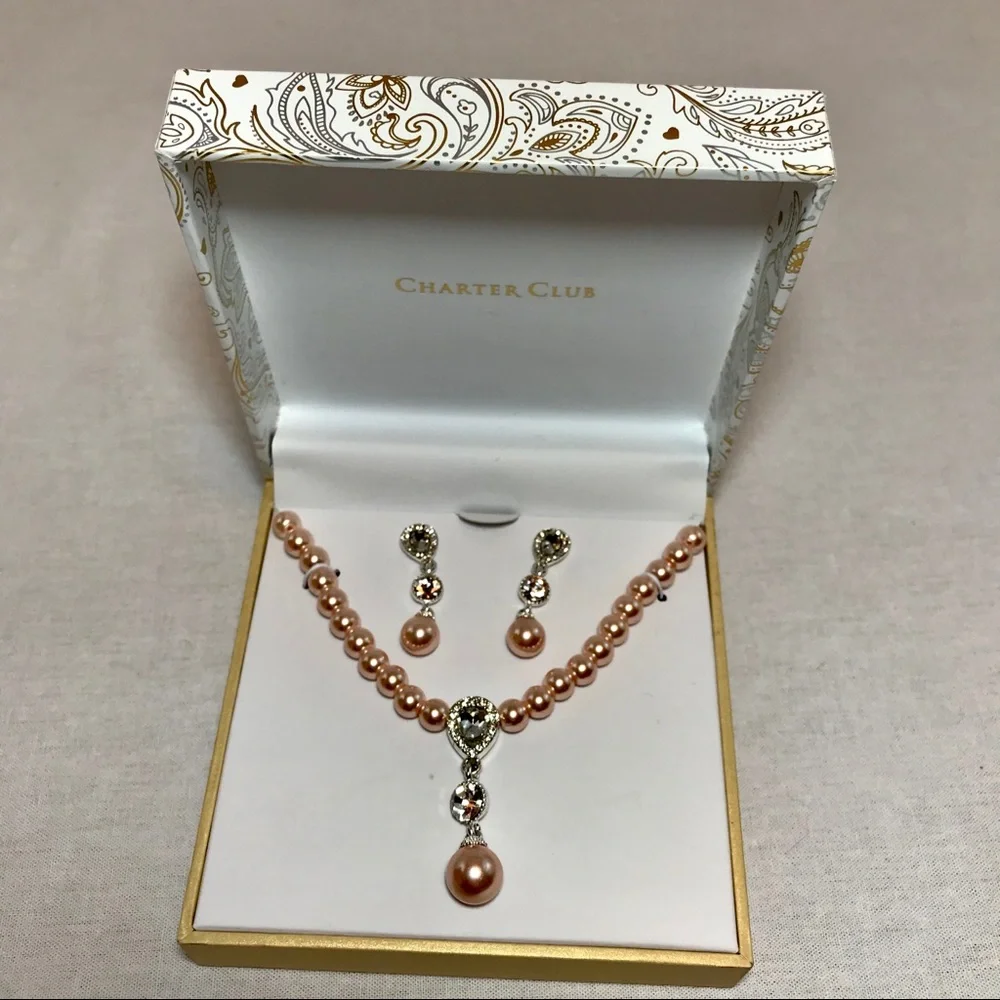 Cubic Zirconia Pearl Lariat Necklace Earrings Set - Picture 4 of 7